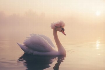 Poster - Elegant swan gliding through serene waters at dawn under a gentle mist. Generative AI
