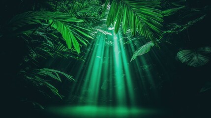 Poster - Sunlight filtering through lush tropical foliage in a jungle environment.