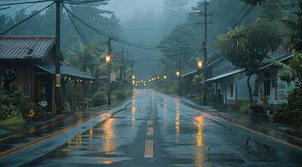 Wall Mural - An empty street in Asian rural during heavy rain, with sheets of rain creating a hazy atmosphere and water streaming along the edges of the road. The asphalt glistens softly under the muted glow.