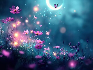 Wall Mural - A serene fantasy meadow glowing softly with radiant wildflowers that bloom in cascading waves of violet and teal. Floating orbs of light hover above the meadow, creating a magical ambiance under 