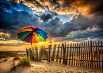 Wall Mural - Panoramic Beach Umbrella Cloudy Sky Wooden Fence Stock Photo