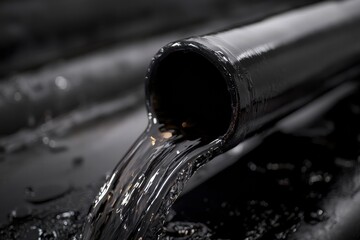 Poster - Black pipe pouring water onto a dark surface in a controlled environment showcasing fluid dynamics. Generative AI
