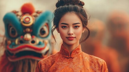 Young Asian woman in traditional outfit with lion dancer in background, Lunar New Year celebration