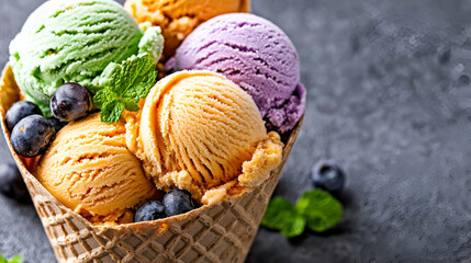 Wall Mural - A colorful ice cream cone with scoops of green, orange, purple, and yellow ice cream, garnished with mint leaves and blueberries on a dark stone background.