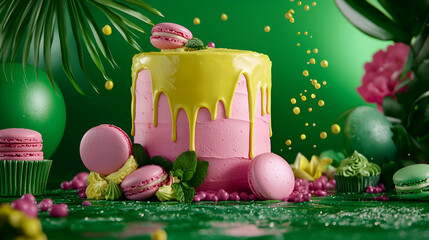 Wall Mural - A vibrant cake adorned with yellow frosting, surrounded by colorful macarons, set against a lush green backdrop.