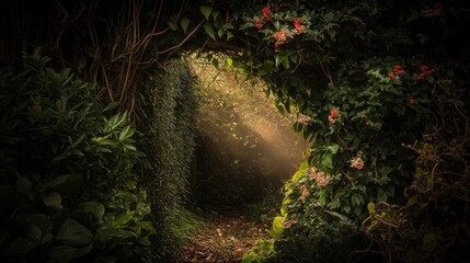 Canvas Print - Sunlit path through a lush, overgrown tunnel of greenery.