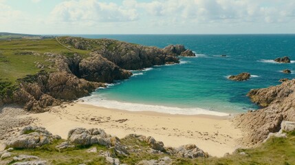 Poster - Sunny coastal beach nestled between rocky headlands.  Tranquil cove with turquoise water lapping at a sandy shore.  Overlooking landscape with green grass and cliffs.  High angle view.