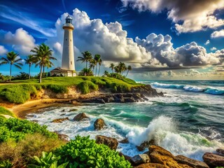 Wall Mural - Panoramic View of Barbers Point Lighthouse, Dramatic Coastal Scene, Oahu, Hawaii