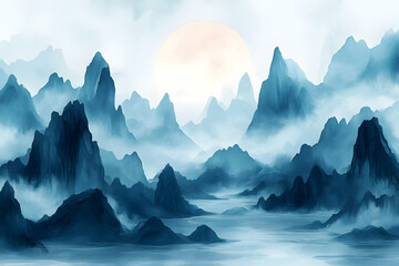 Sticker - Misty Blue Mountains Sunrise Wallpaper