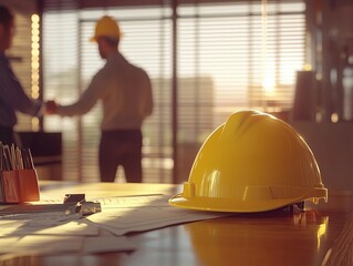 Wall Mural - Yellow construction helmet on desk with engineers shaking hands