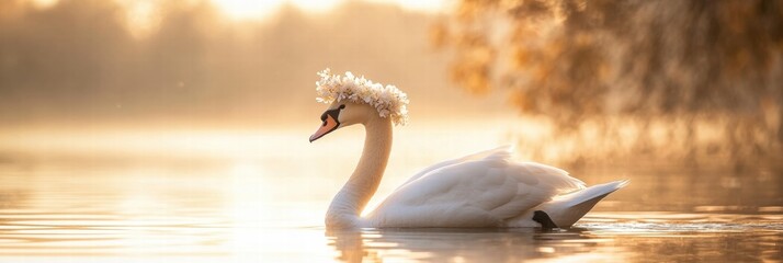 Poster - Elegant swan adorned with flowers gliding on tranquil water during golden hour at a serene lake. Generative AI