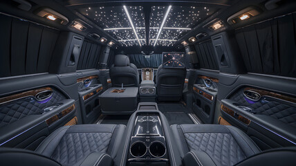black leather suv interior with starlight headliner and screens