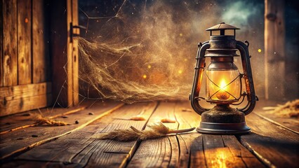 Wall Mural - Panoramic Vintage Lantern, Cobwebs, Wooden Floor - Rustic Still Life Stock Photo