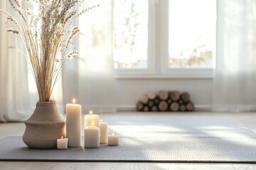 Poster - Warm light fills a cozy room with candles and decorative vase of dried flowers on a soft rug near a window. Generative AI