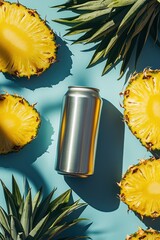 Wall Mural - Bright yellow pineapple slices and a sleek can arranged artfully on a blue surface create a vibrant and refreshing summer vibe