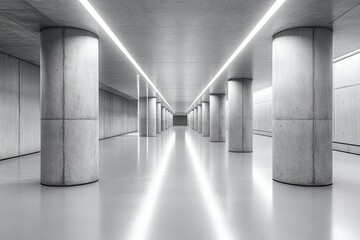 modern minimalist corridor: sleek, cylindrical concrete pillars line a long corridor, illuminated by