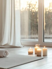 Aufkleber - Relaxation space with candles and a yoga mat near large windows in soft evening light. Generative AI