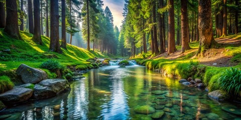 Sticker - Pristine Himalayan Canal: Deodar Forest, Himachal Pradesh, India