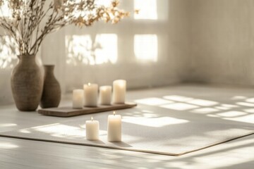 Aufkleber - Warm and calming indoor setting with candles on a soft rug, showcasing natural light and minimalistic decor. Generative AI