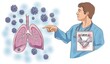 © black - Doctor explaining lung cancer with illustration of affected lungs and cancer cells.