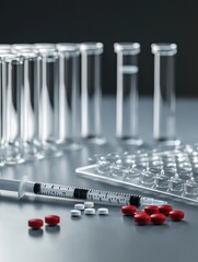 Leinwandbilder - Laboratory setup featuring test tubes, medical syringe, and pills on gray surface during a scientific analysis. Generative AI