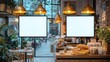 © Planetz - Modern Café Interior with Two Blank Digital Display Screens Hanging from the Ceiling, Warm Lighting, and Cozy Ambiance
