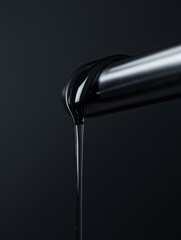 Poster - Dark liquid flowing from a sleek metallic pipe against a black background in a modern setting. Generative AI