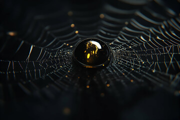 Macro shot of a glistening dewdrop on a spiderweb at night, reflecting golden light; intricate web details.
