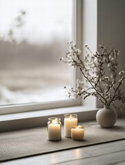 Aufkleber - Cozy setup with lit candles and a vase near a window during a quiet afternoon. Generative AI