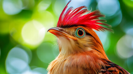 Wall Mural - Vibrant portrait of a colorful bird with a red mohawk showcasing its unique features and bright plumage against a neutral background