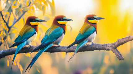 Three colorful birds perched on a branch displaying vibrant feathers in natural habitat with blurred green background