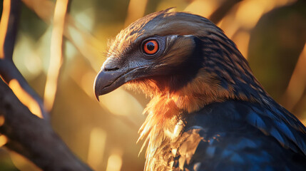 Wall Mural - Close-up of a critically endangered bird with a red eye perched on a tree branch in its natural habitat during daylight