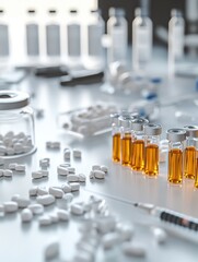 Aufkleber - Collection of medical vials, syringes, and pills on a laboratory table during a drug preparation process. Generative AI