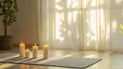 Poster - Serene candlelit yoga space with soft natural light in a calming home environment. Generative AI
