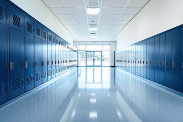 Wall Mural - Hallway with blue lockers and bright lighting in a school building.