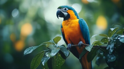 Vibrant macaw perched majestically on a branch amidst a lush green backdrop a tropical avian beauty