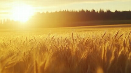 Leinwandbilder - Golden wheat field at sunset with warm sunlight casting a serene glow on natures bounty. Generative AI
