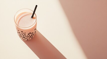 Close-up of a pink bubble tea drink with a straw casting a long shadow on a soft background