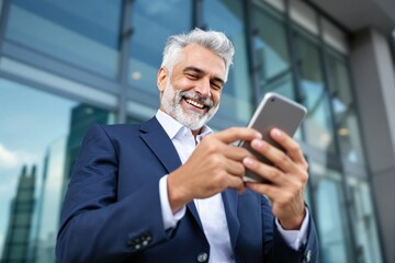 Wall Mural - Senior businessman using smartphone and smiling outdoors in a modern urban setting.