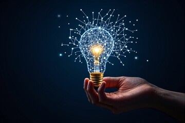 Wall Mural - a hand holding a glowing light bulb with digital connections on a dark background.