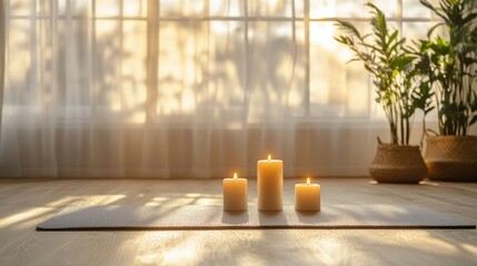 Poster - Serene indoor space with lit candles and indoor plants creating a calming atmosphere in soft natural light. Generative AI
