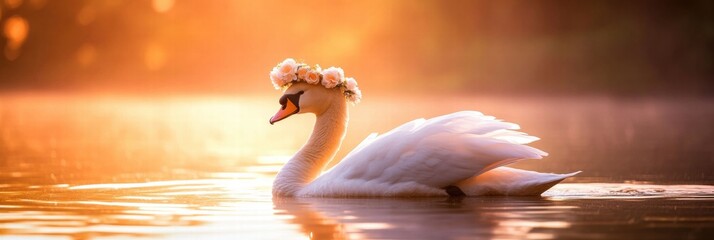 Poster - Elegant swan with flower crown gliding serenely on a tranquil lake during sunset. Generative AI