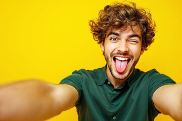 cheerful young man making a silly face with tongue out, winking at the camera, vibrant yellow backgr