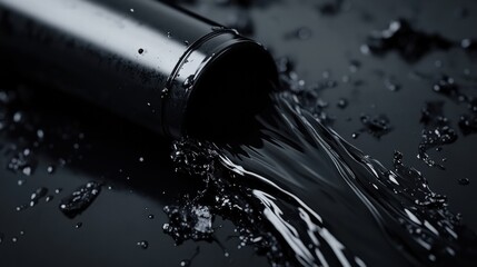 Poster - Dark liquid flowing from a black container creating splashes on a glossy surface in a moody setting. Generative AI