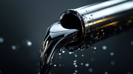 Poster - Black liquid flowing from a metallic pipe with droplets in a dark setting highlighting fluid dynamics and material texture. Generative AI