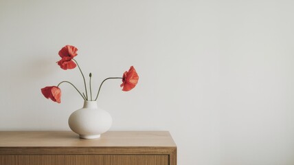 Canvas Print - Red Poppies in a White Vase on Wooden Furniture