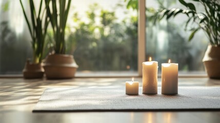 Aufkleber - Tranquil setting with lit candles and houseplants in a sunlit indoor space during the afternoon. Generative AI