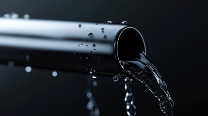 Poster - Water flows from a metallic pipe with droplets creating a dynamic visual effect in a dark setting. Generative AI