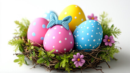 Wall Mural - A basket of painted eggs with a bow and flowers. The eggs are in a nest and are decorated with polka dots and a bow. The basket is on a white background