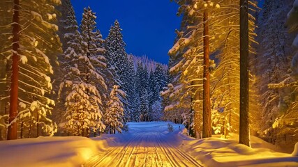 Wall Mural - winter night in a peaceful snow-covered forest with illuminated trees and a winding path